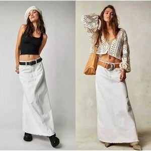 Free People We The Free Come As You Are Denim Maxi Skirt in White Frayed Hem - 4